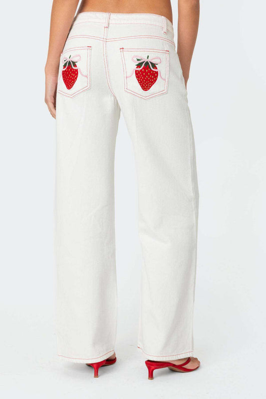 PRE ORDER - Strawberry Embroided Wide Leg Jeans With Pockets