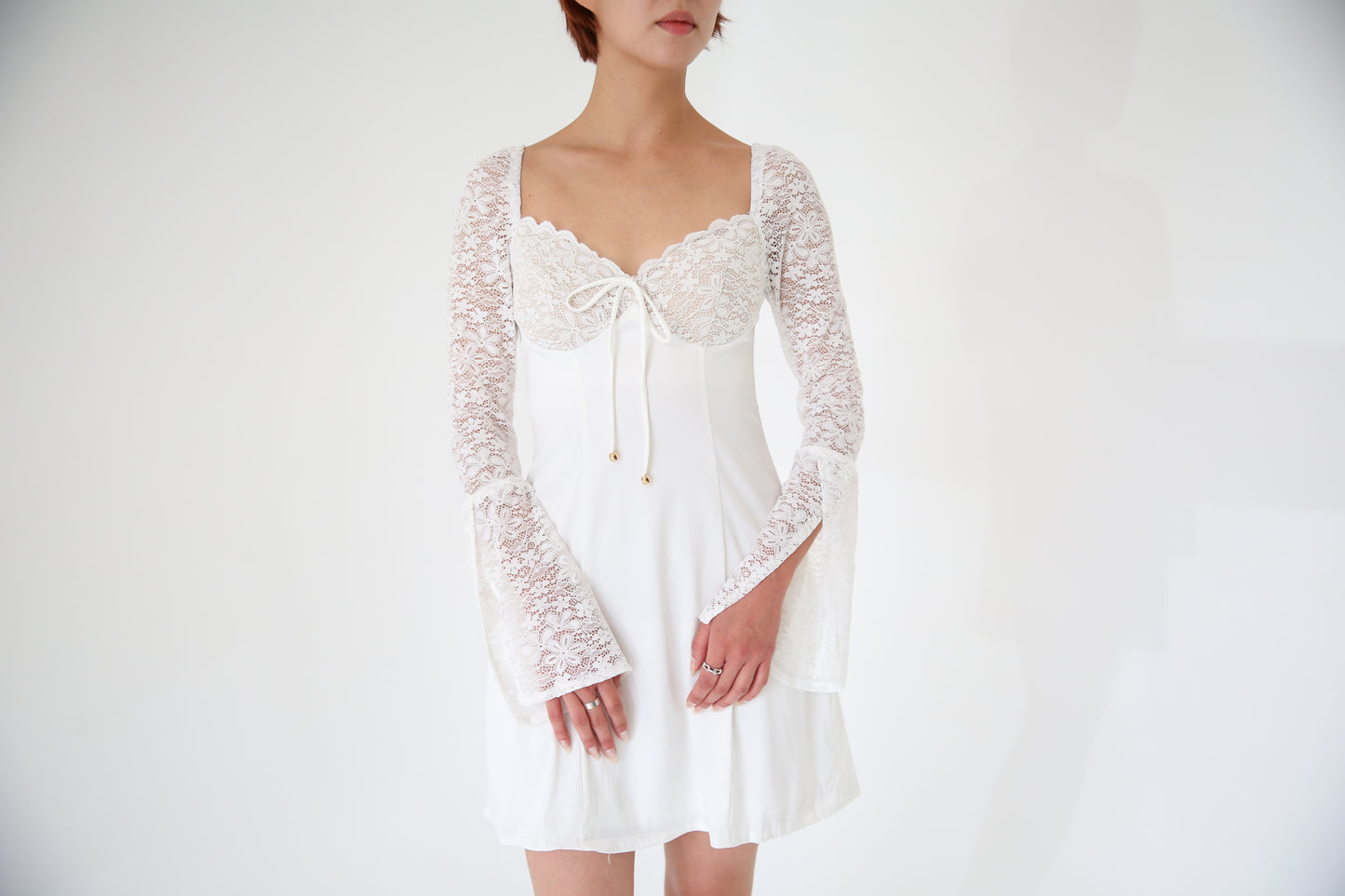 Lace Sleeves Tie Mini Dress