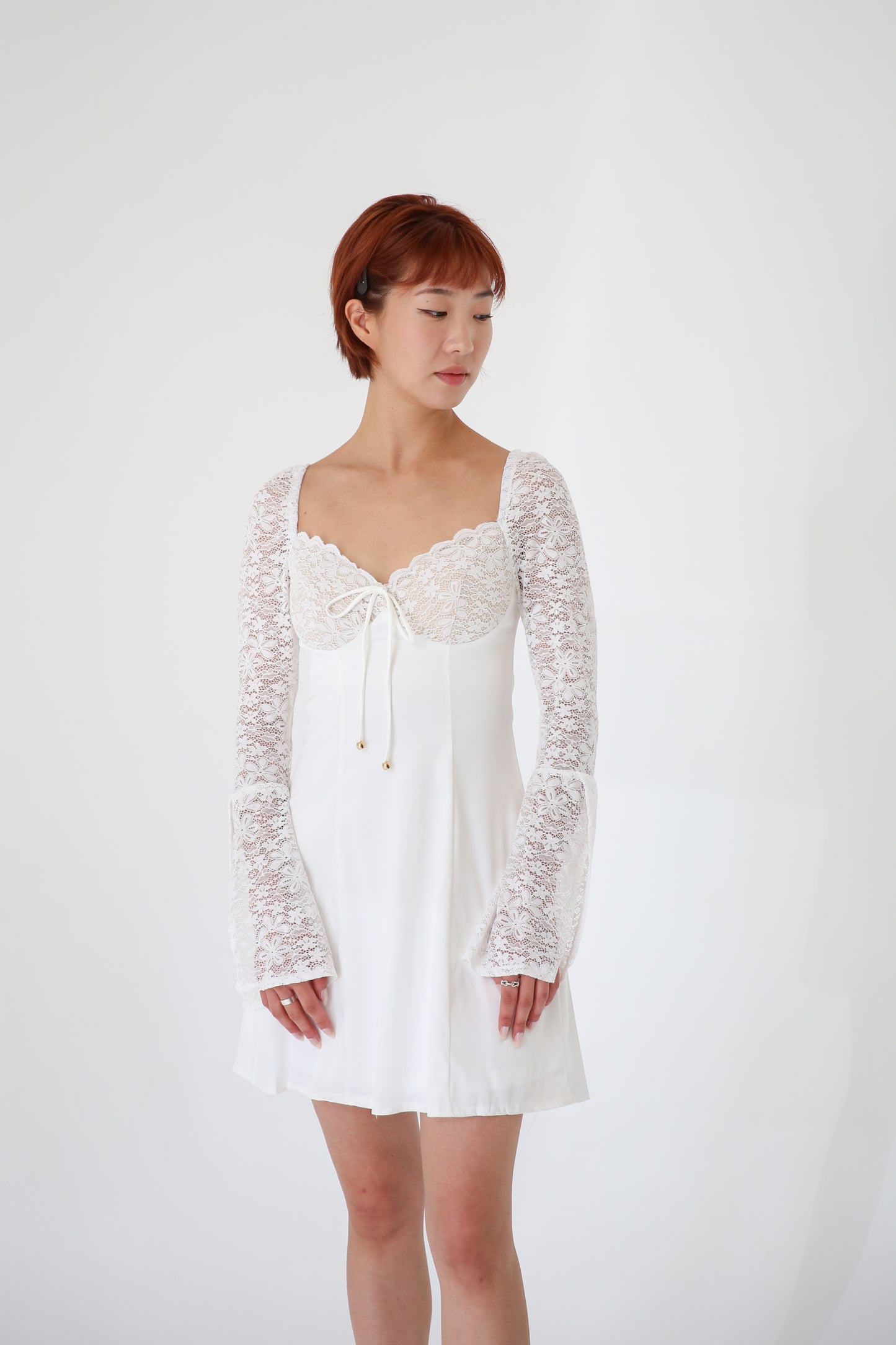 Lace Sleeves Tie Mini Dress