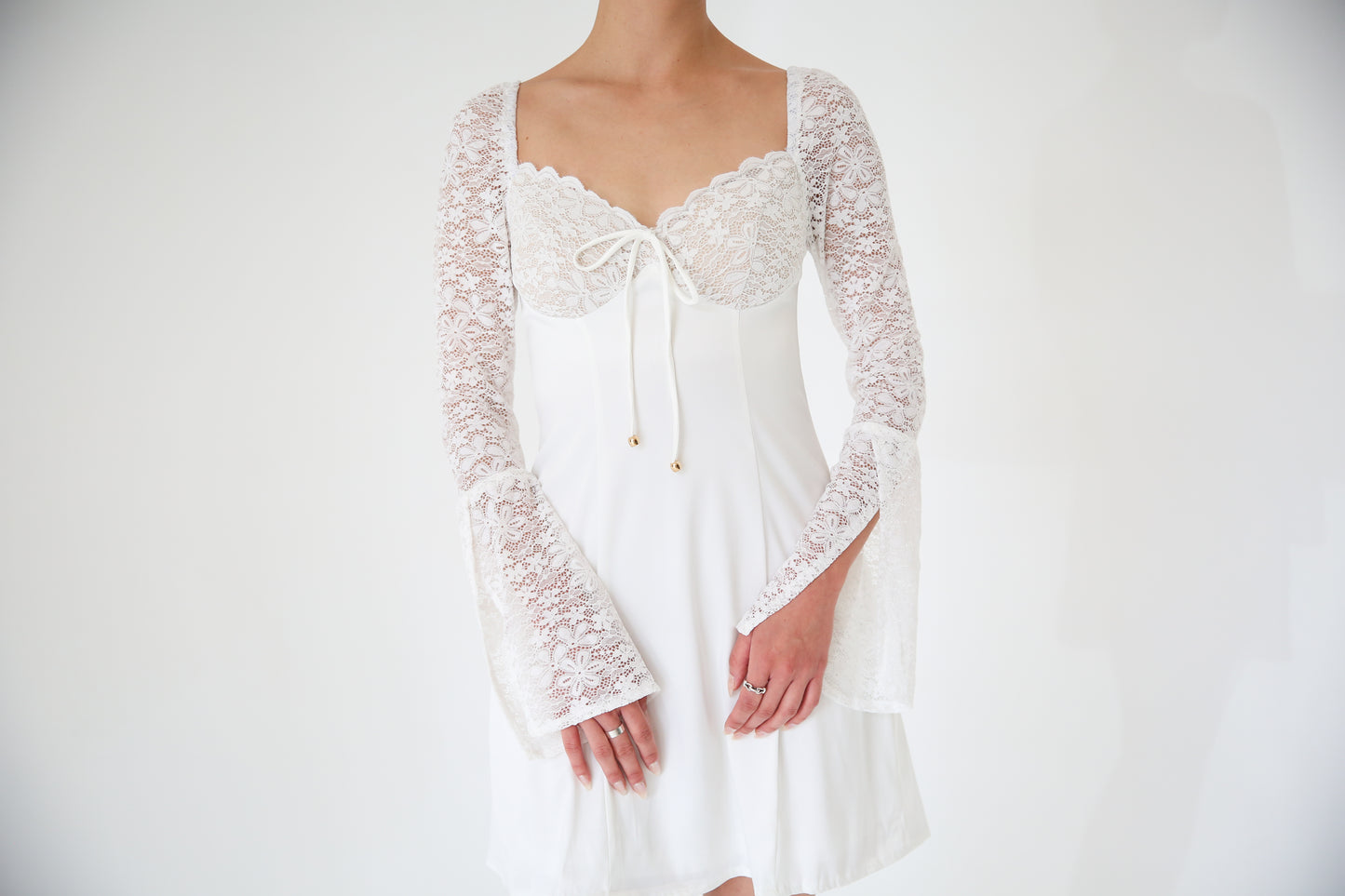 Lace Sleeves Tie Mini Dress