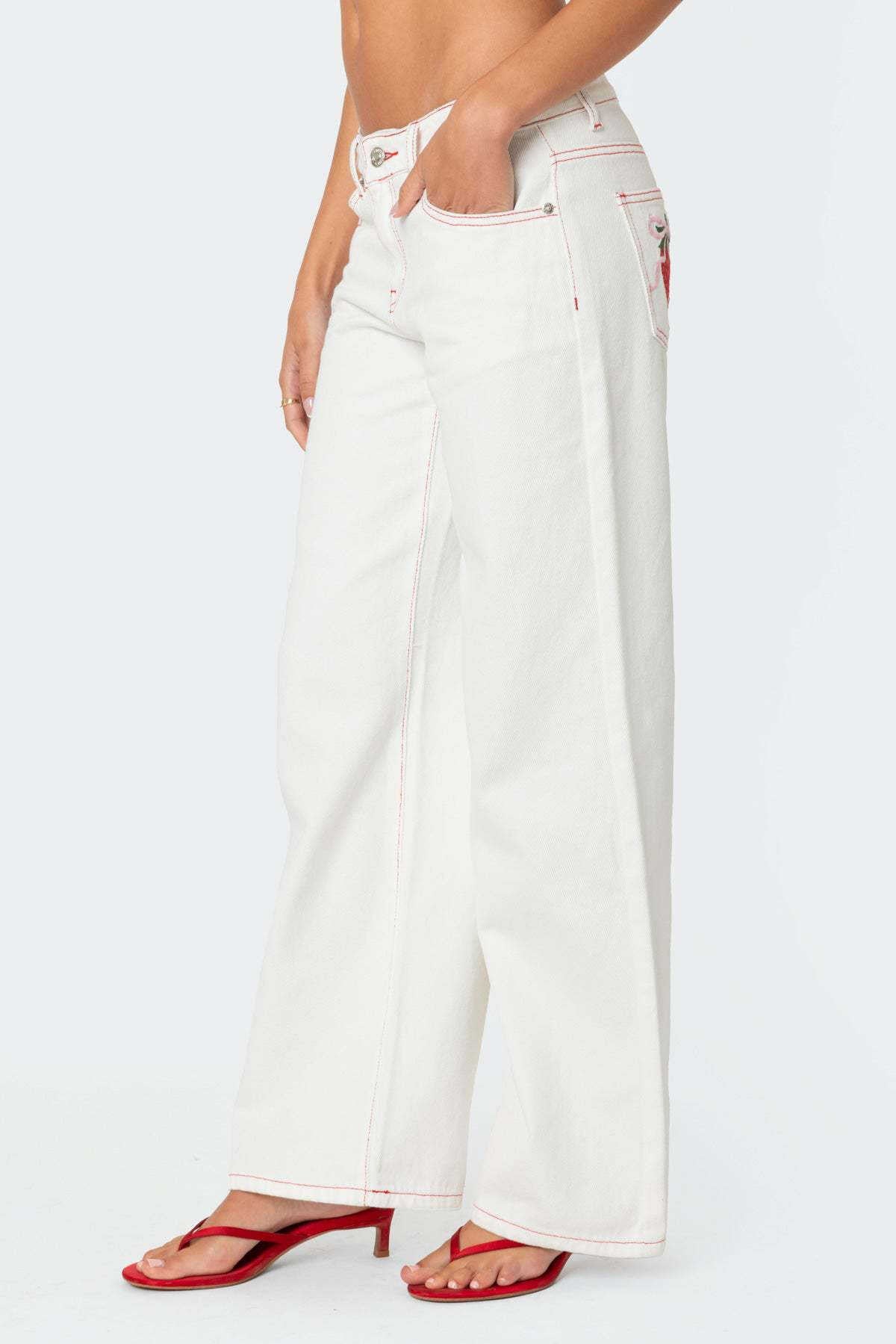 PRE ORDER - Strawberry Embroided Wide Leg Jeans With Pockets