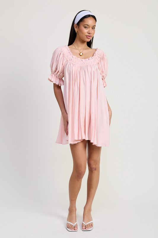 Embroidery Puff Sleeve Mini Dress