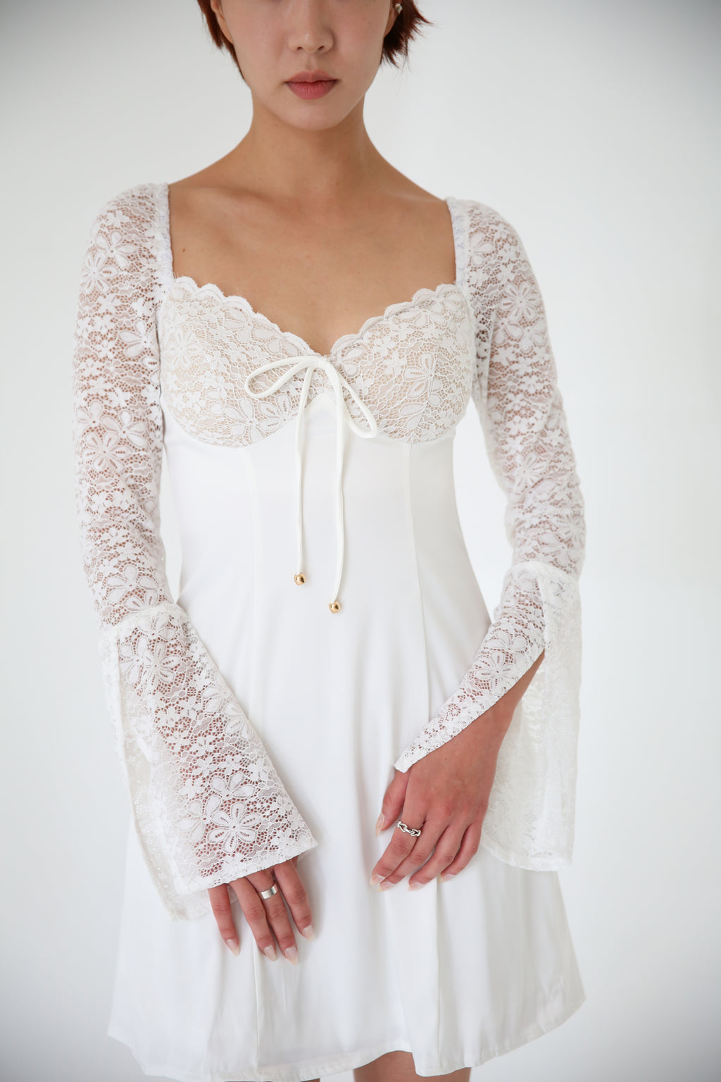 Lace Sleeves Tie Mini Dress