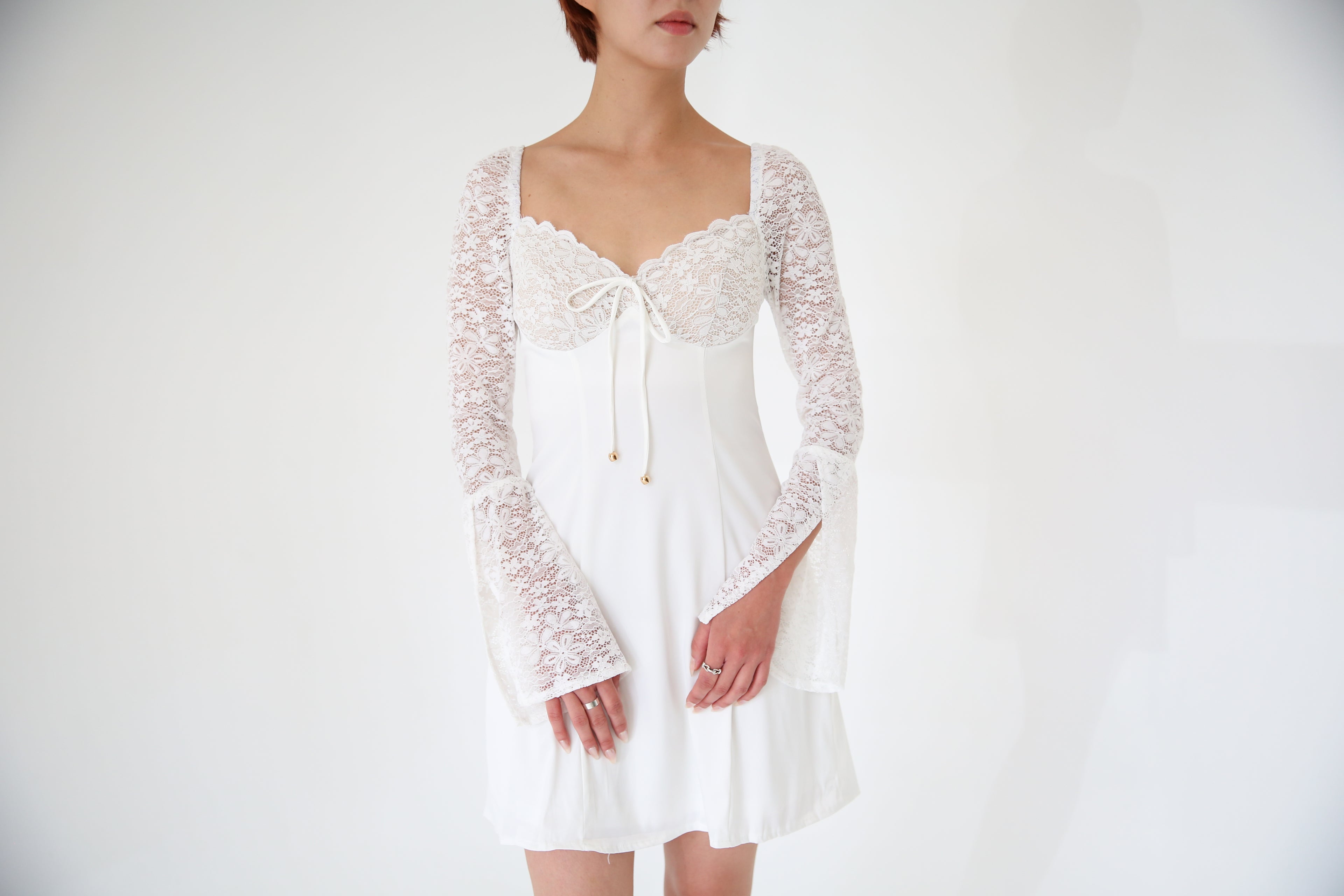 Lace Sleeves Tie Mini Dress