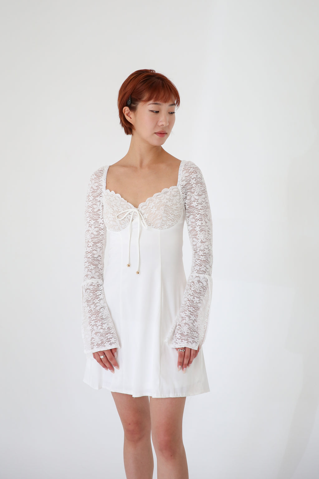 Lace Sleeves Tie Mini Dress