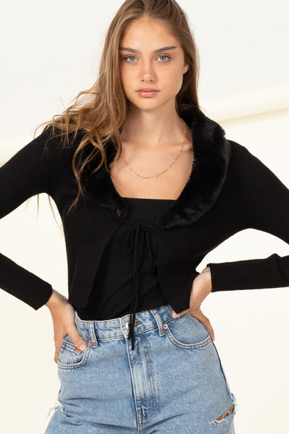 Fur Trim Tie Front Cardigan